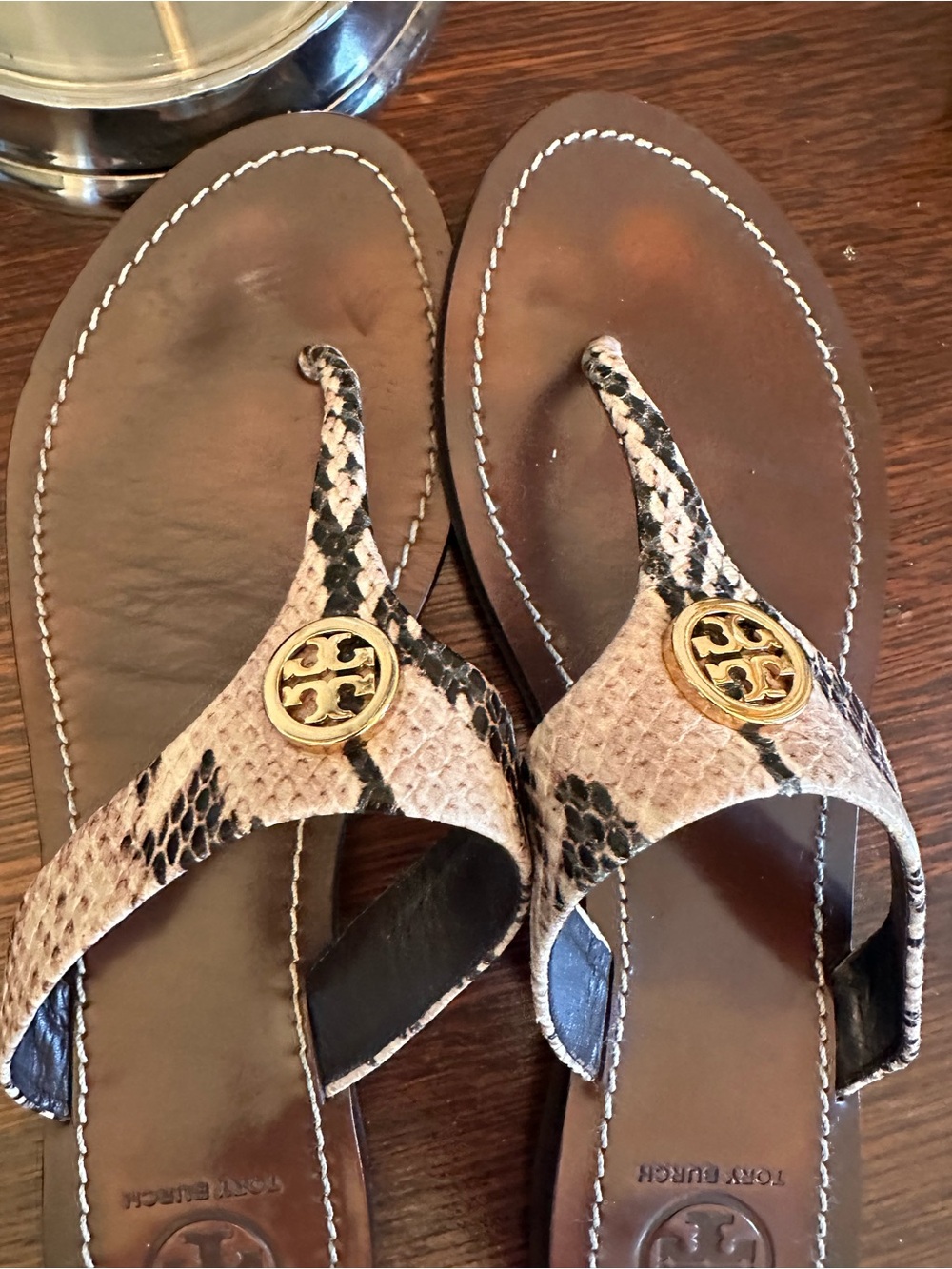 Tory Burch Brown Leather Thong Sandals with Snake-Print Straps - Picture 2 of 6